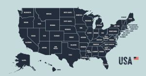 United States map with USA and flag in bottom corner